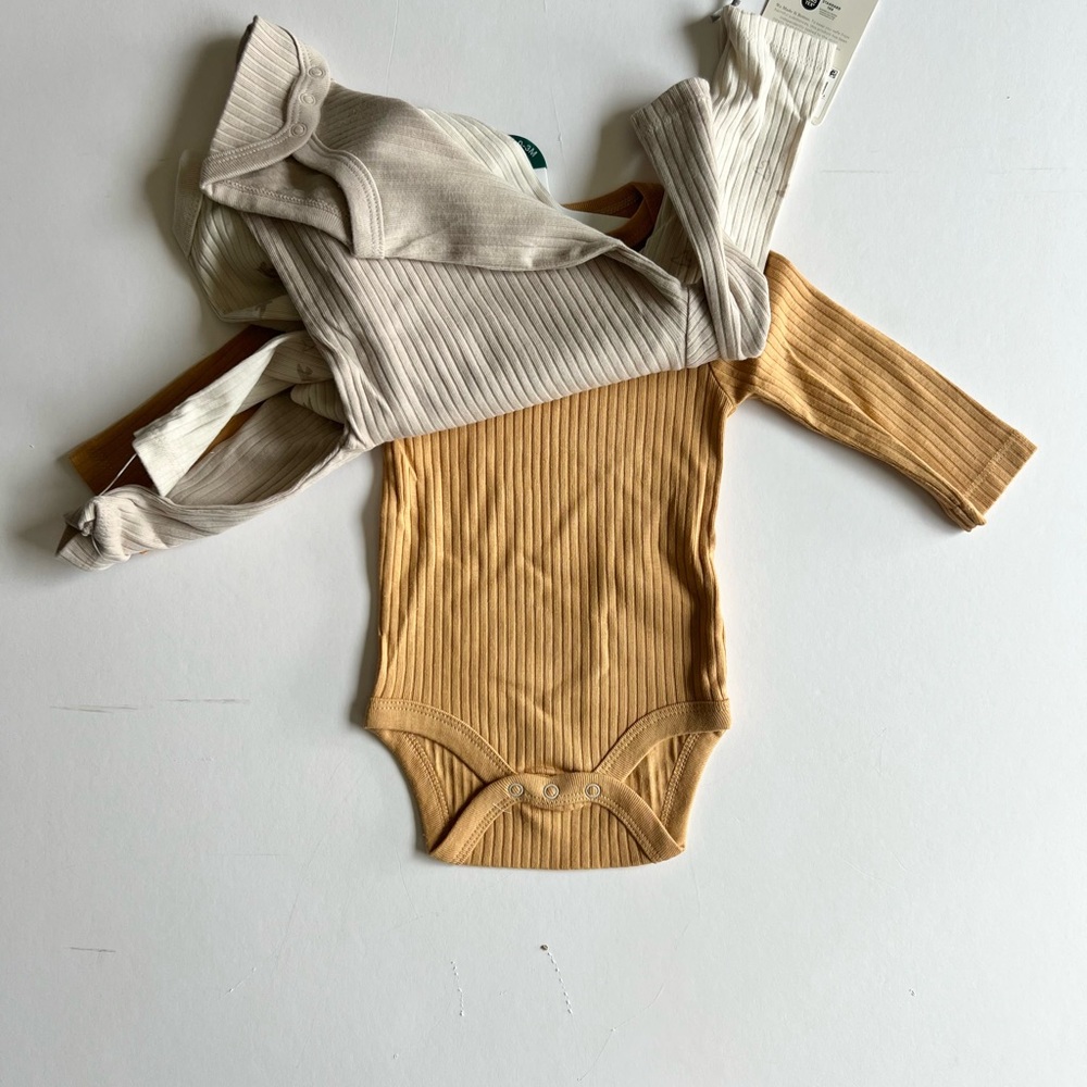 2 Cloud Island 3pc Ribbed Cream and Tan Baby Bodysuit Set Long Sleeve Bird Print - Picture 8 of 13